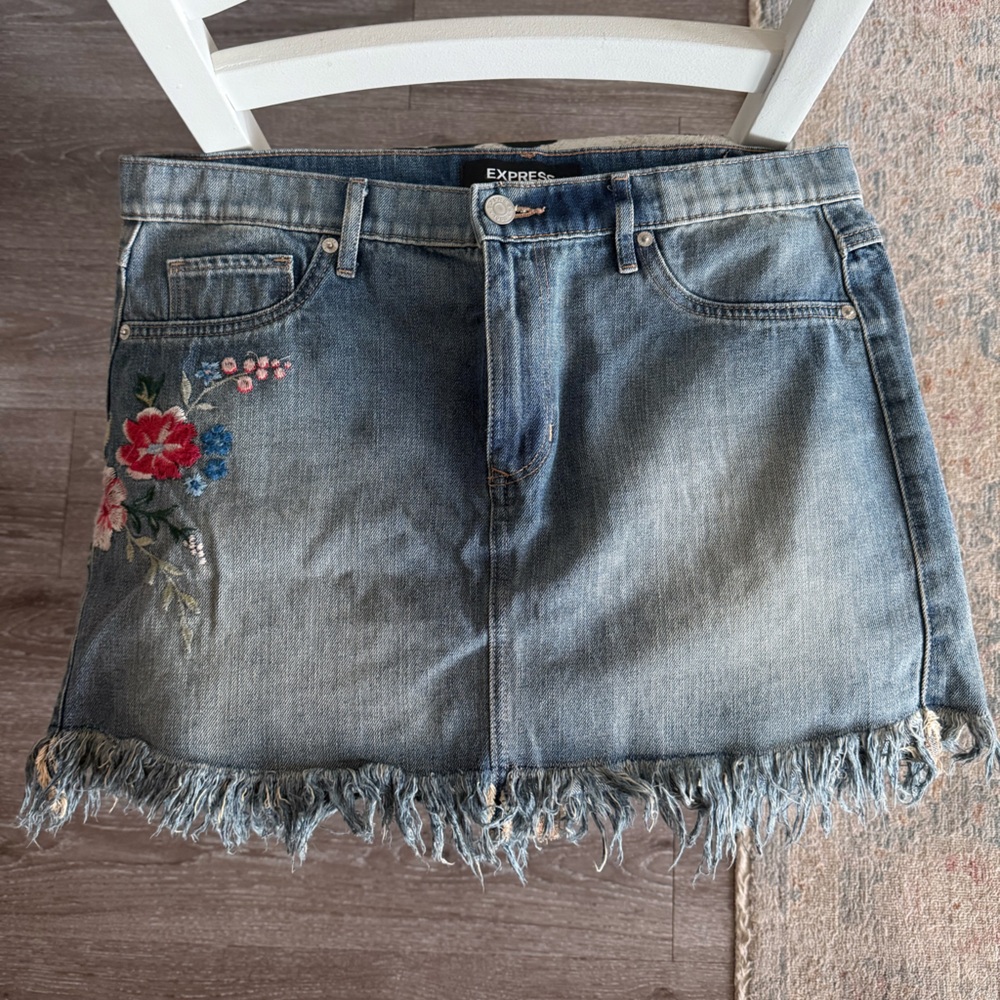 Express Blue Denim Skirt with Floral Detail